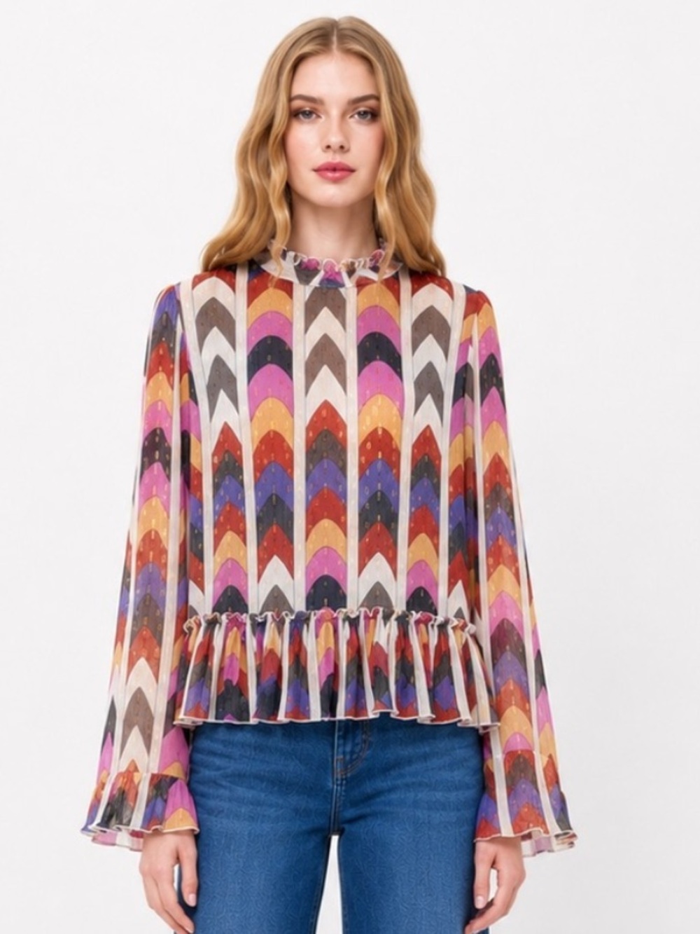 Oliphant Tuckernuck Milano Metallic Dot Ruffle Blouse Pink Orange Print Size S